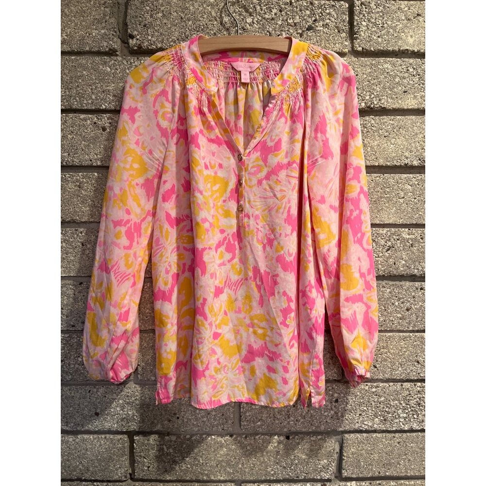 Lilly Pulitzer Pink & Yellow Floral Long-Sleeve Blouse Womens S 100% Silk